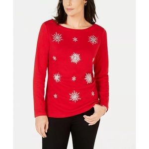 Karen Scott Petite L Embellished Snowflake Top v1